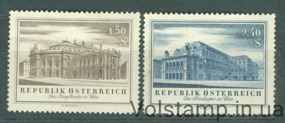 Австрия Серия марок (Бургтеатр и Государственная опера, здания) MH №1020-1021 1955 Австрия Серия марок (Бургтеатр и Государственная опера, здания) MH №1020-1021